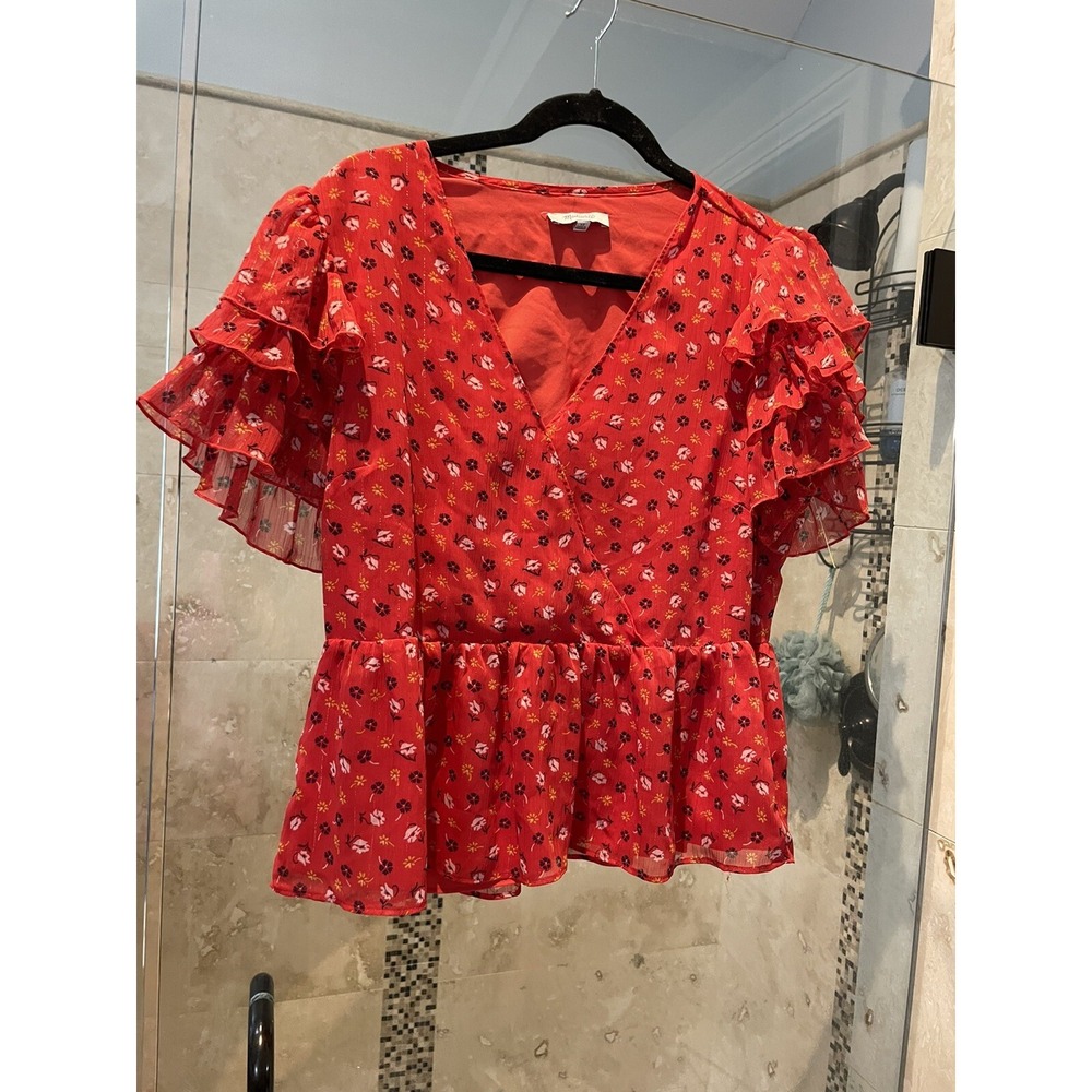 Madewell Peplum Top Flutter Sleeves Wrap Front Orange Red Floral Blouse Size 12